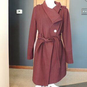GUESS Plum/Purple Wool Blend Wrap Coat Belted Military Style